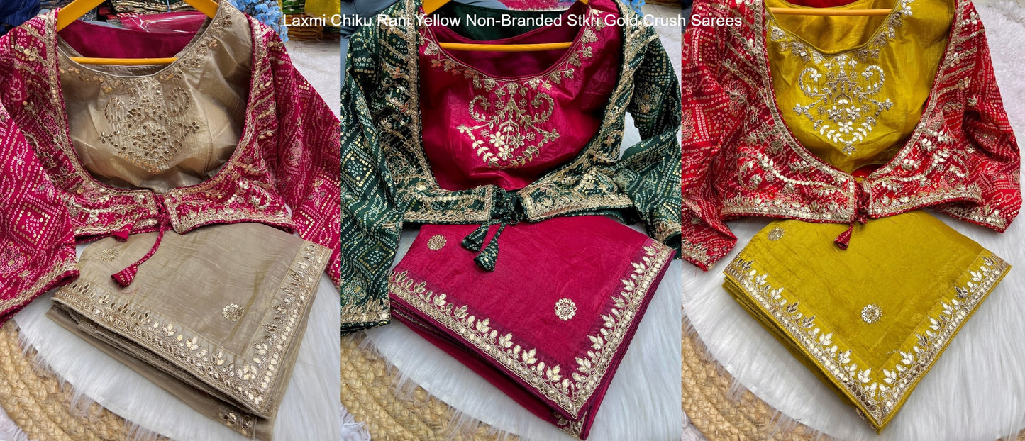Laxmi Chiku Rani Yellow Non-Branded Stkri Gold Crush Sarees
