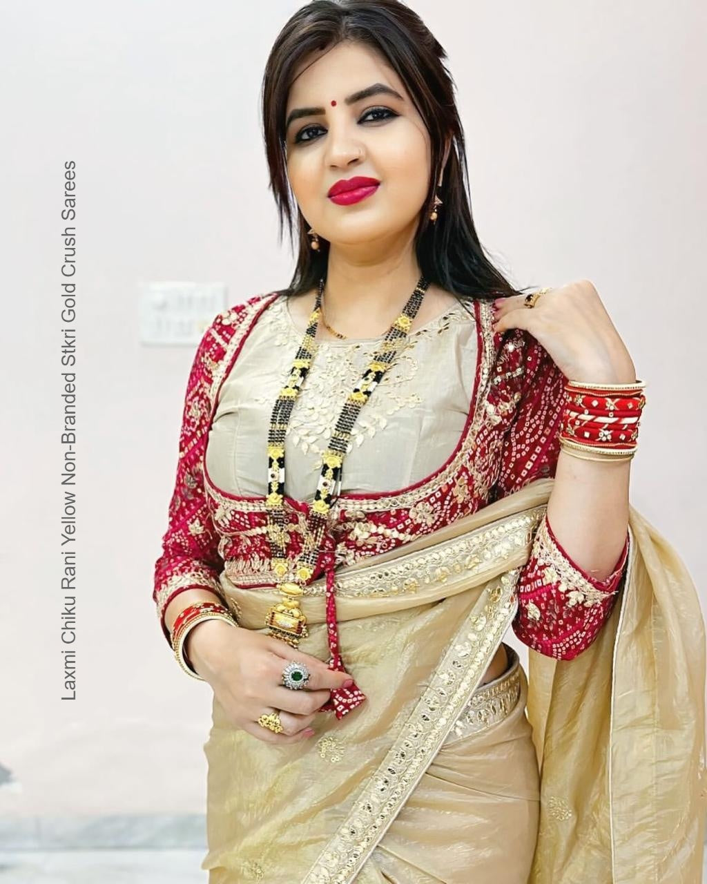 Laxmi Chiku Rani Yellow Non-Branded Stkri Gold Crush Sarees