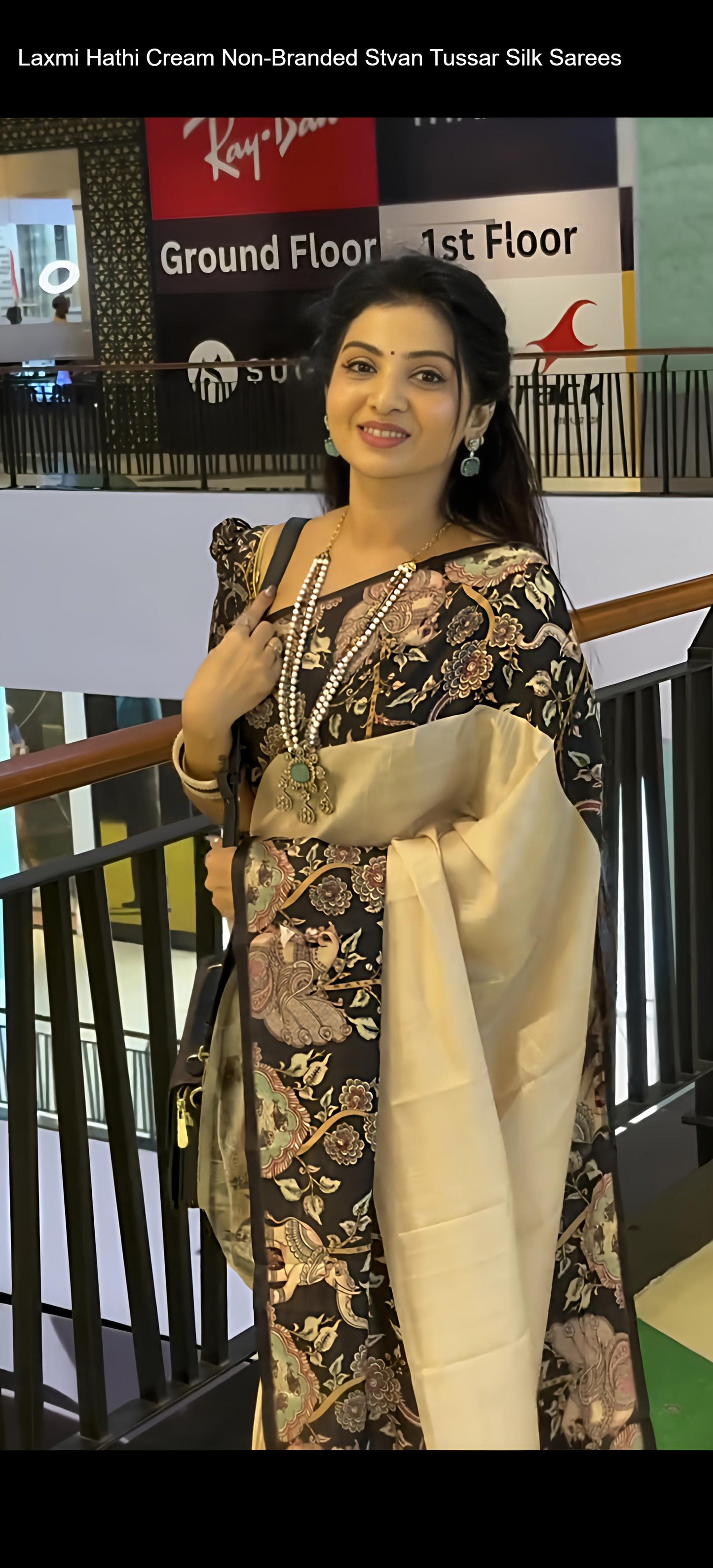 Laxmi Hathi Cream Non-Branded Stvan Tussar Silk Sarees
