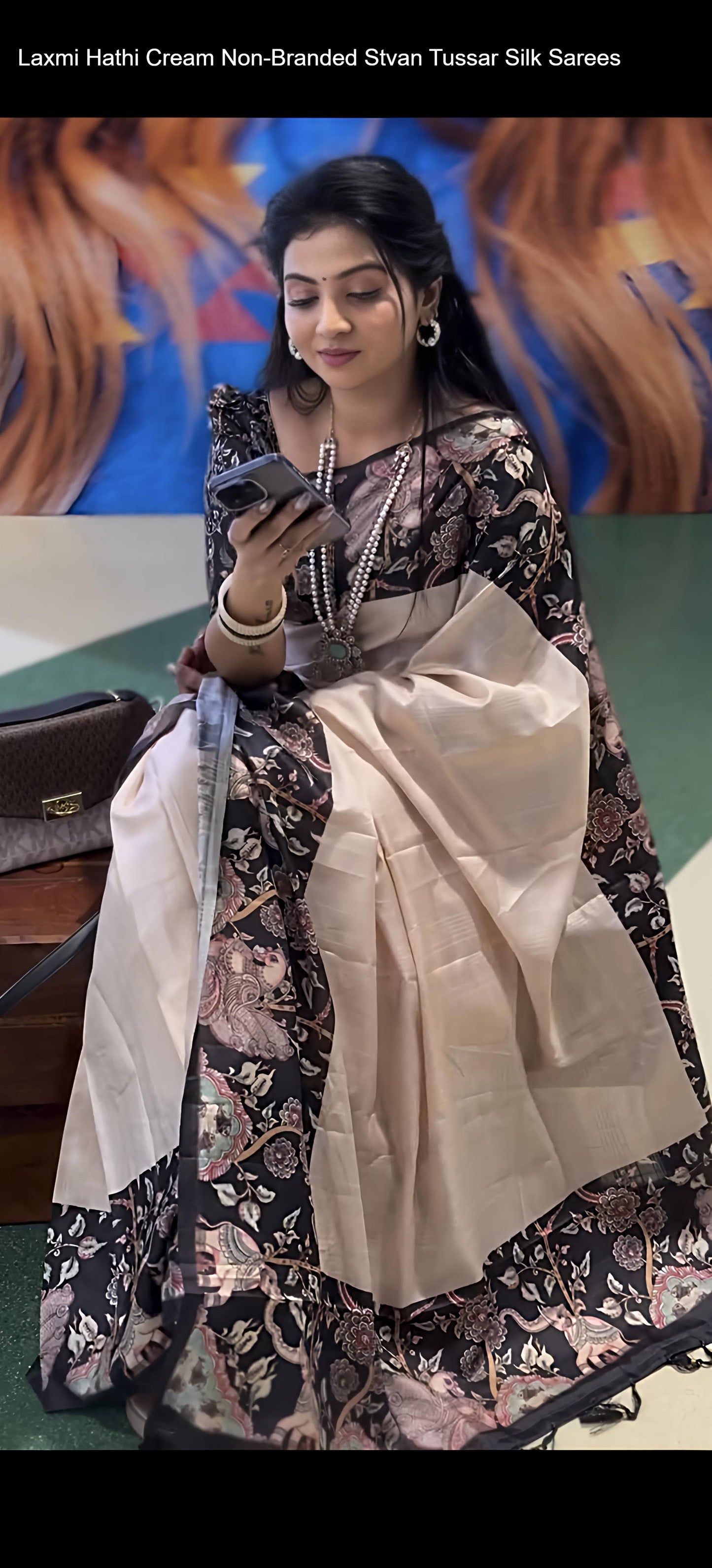 Laxmi Hathi Cream Non-Branded Stvan Tussar Silk Sarees