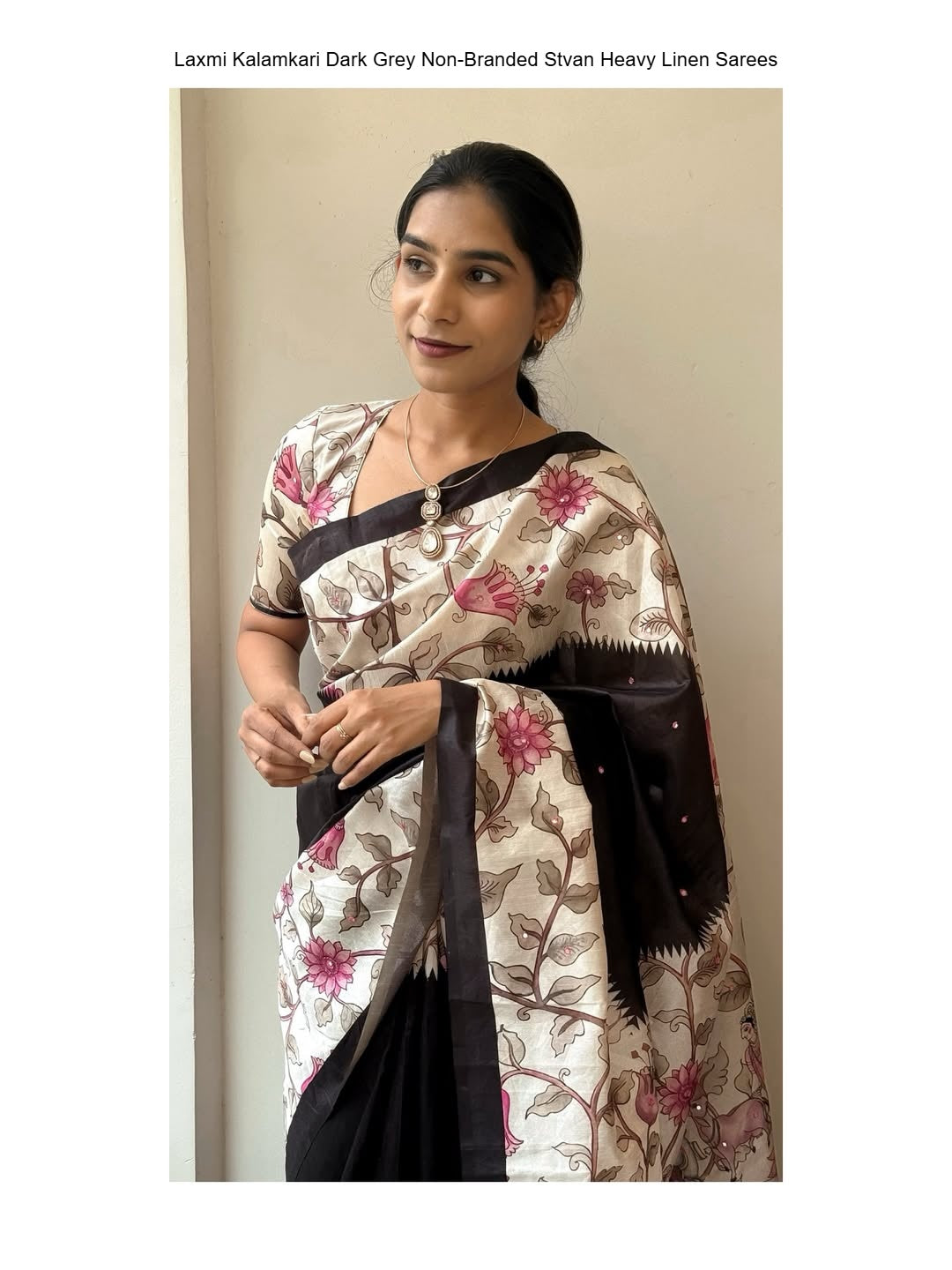 Laxmi Kalamkari Dark Grey Non-Branded Stvan Heavy Linen Sarees
