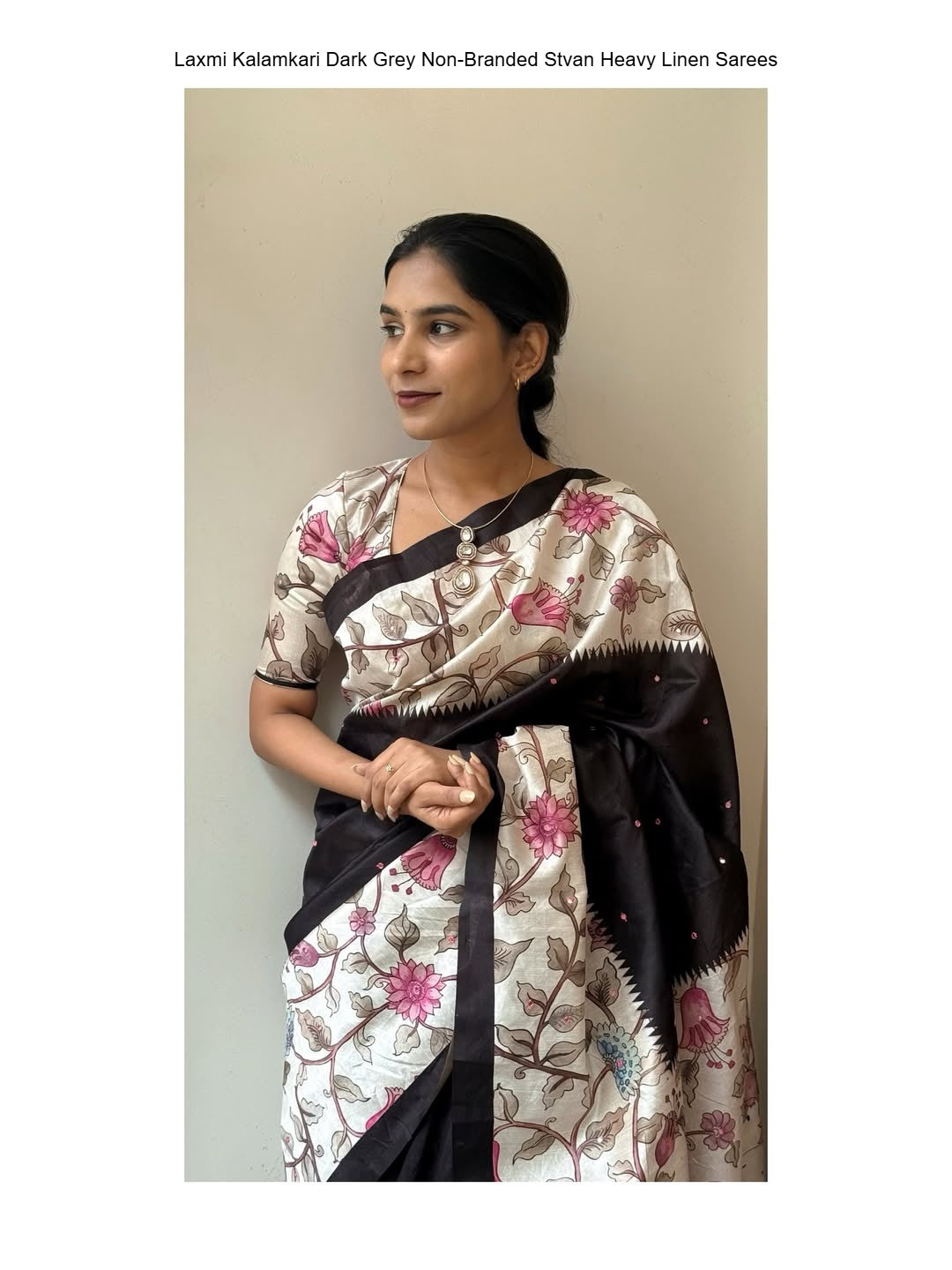 Laxmi Kalamkari Dark Grey Non-Branded Stvan Heavy Linen Sarees