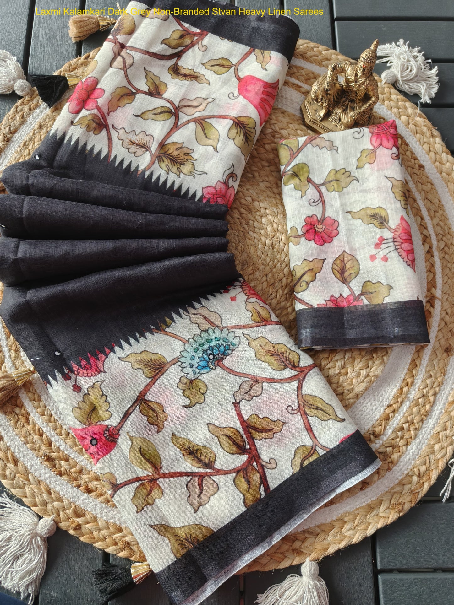 Laxmi Kalamkari Dark Grey Non-Branded Stvan Heavy Linen Sarees