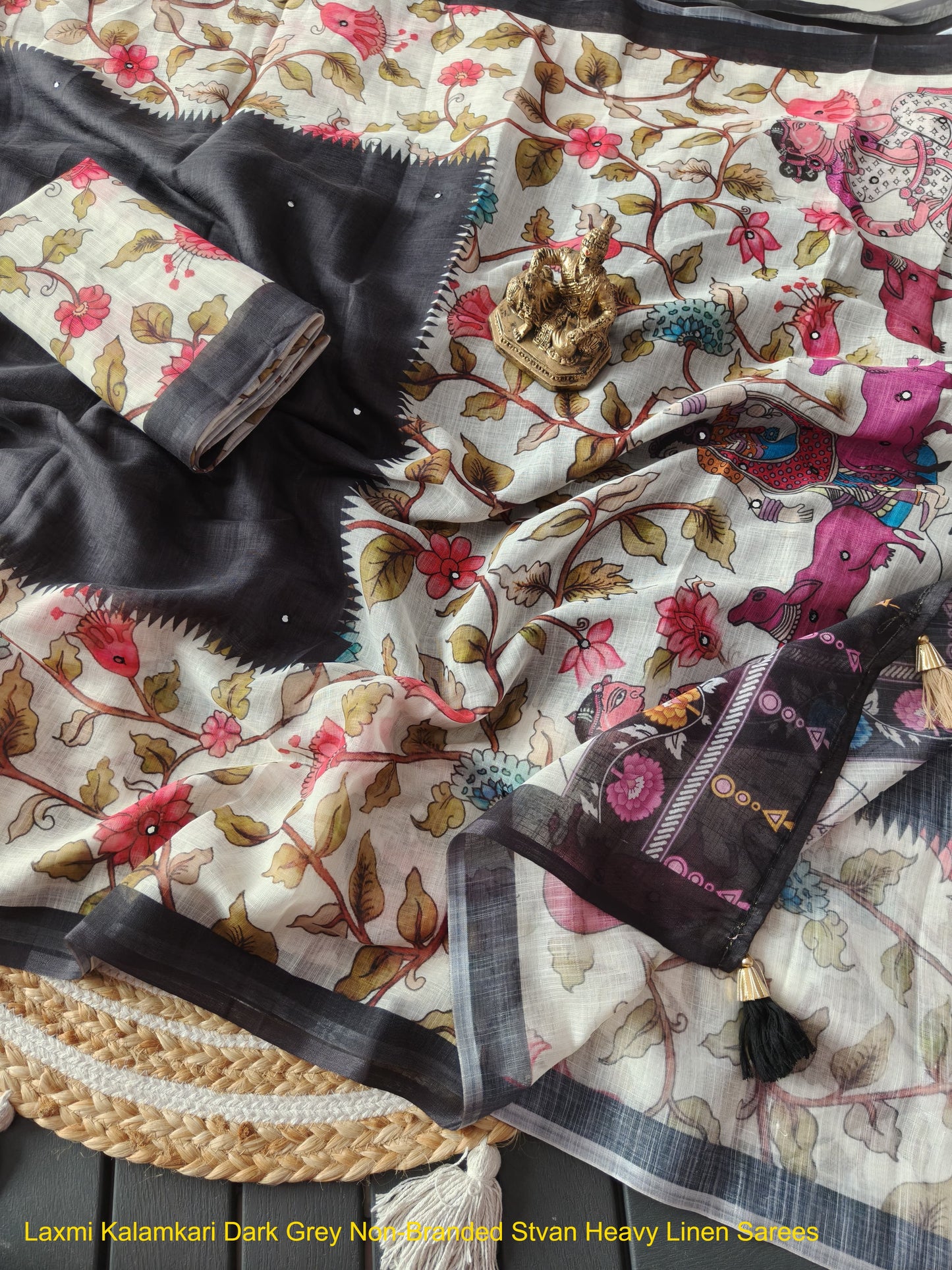 Laxmi Kalamkari Dark Grey Non-Branded Stvan Heavy Linen Sarees