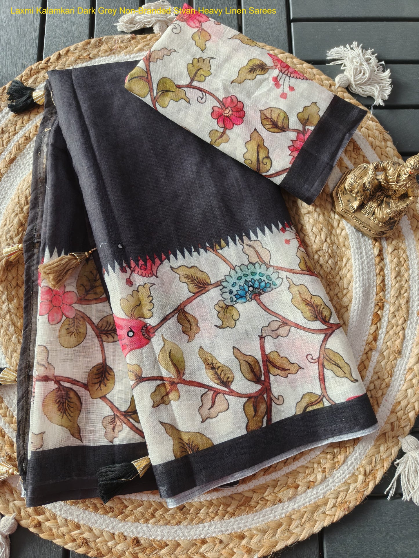 Laxmi Kalamkari Dark Grey Non-Branded Stvan Heavy Linen Sarees