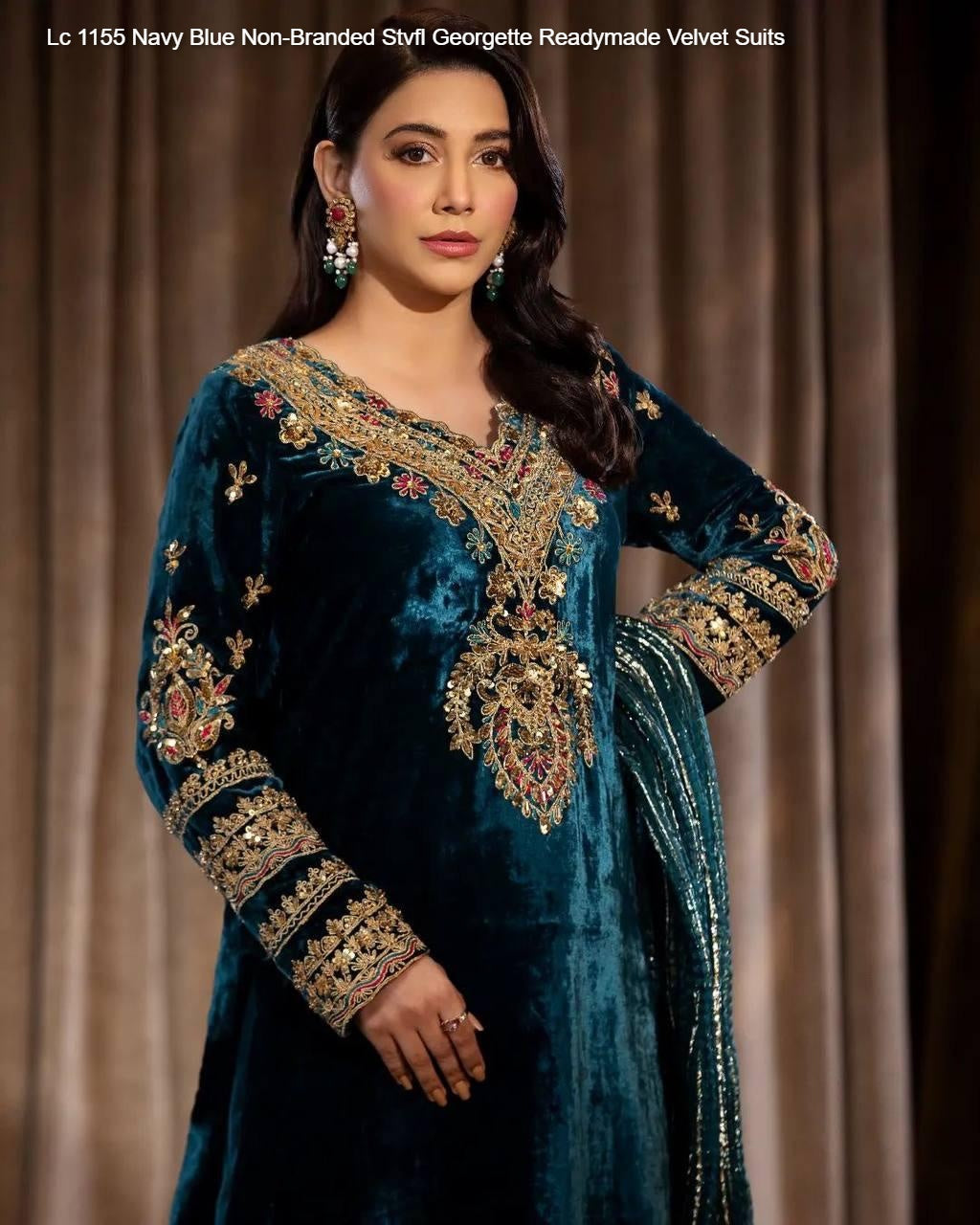 Lc 1155 Navy Blue Non-Branded Stvfl Georgette Readymade Velvet Suits