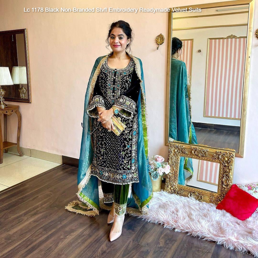 Lc 1178 Black Non-Branded Stvfl Embroidery Readymade Velvet Suits