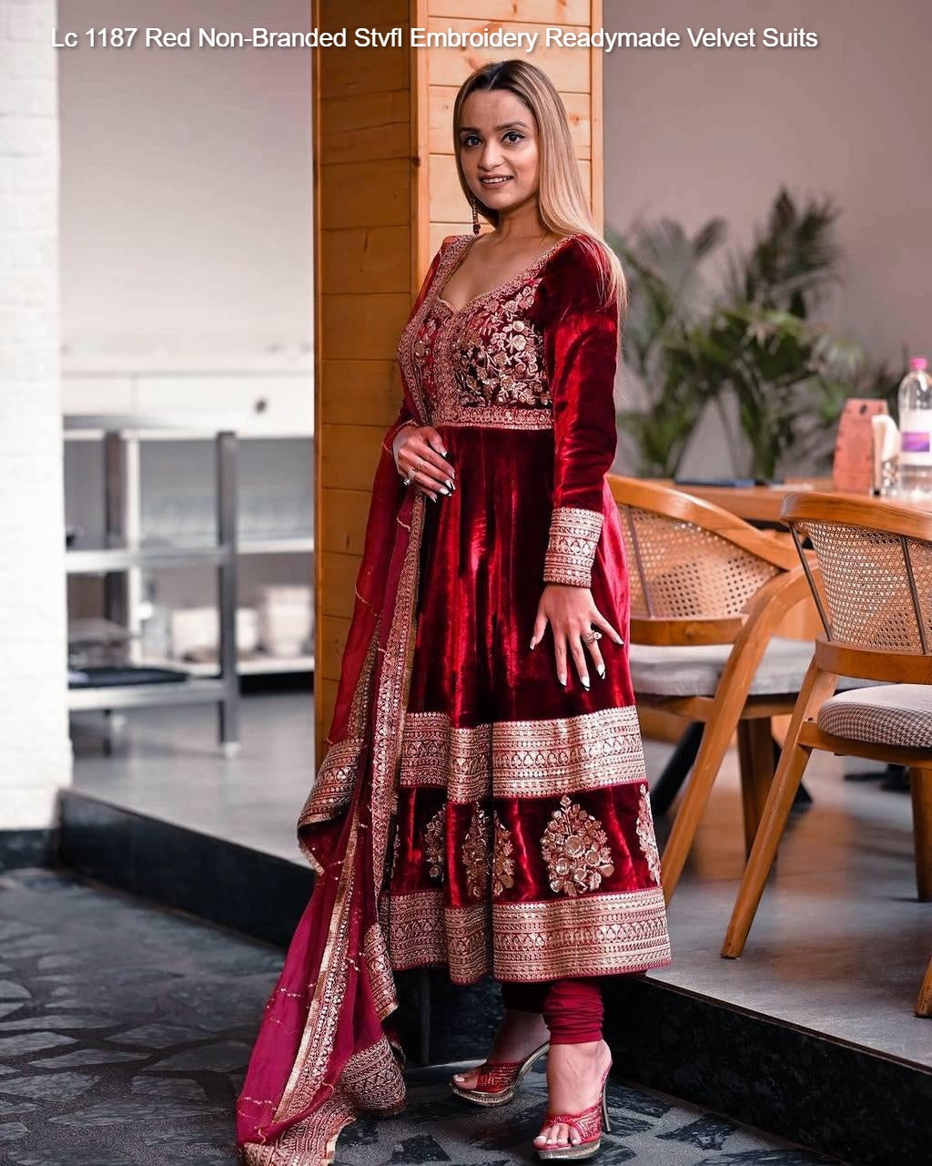 Lc 1187 Red Non-Branded Stvfl Embroidery Readymade Velvet Suits