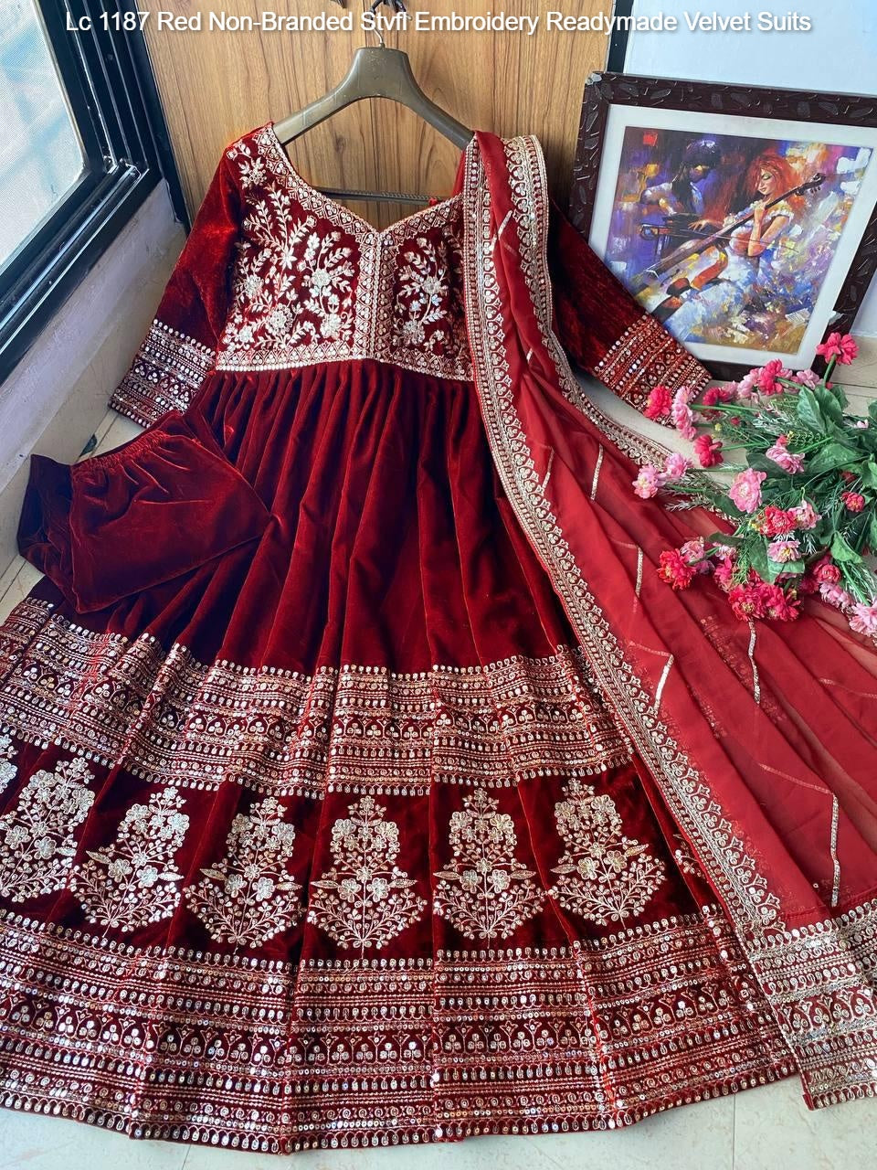 Lc 1187 Red Non-Branded Stvfl Embroidery Readymade Velvet Suits