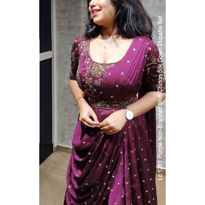 Lc 1261 Purple Non-Branded Stvfl Chinon Silk Gown Dupatta Set