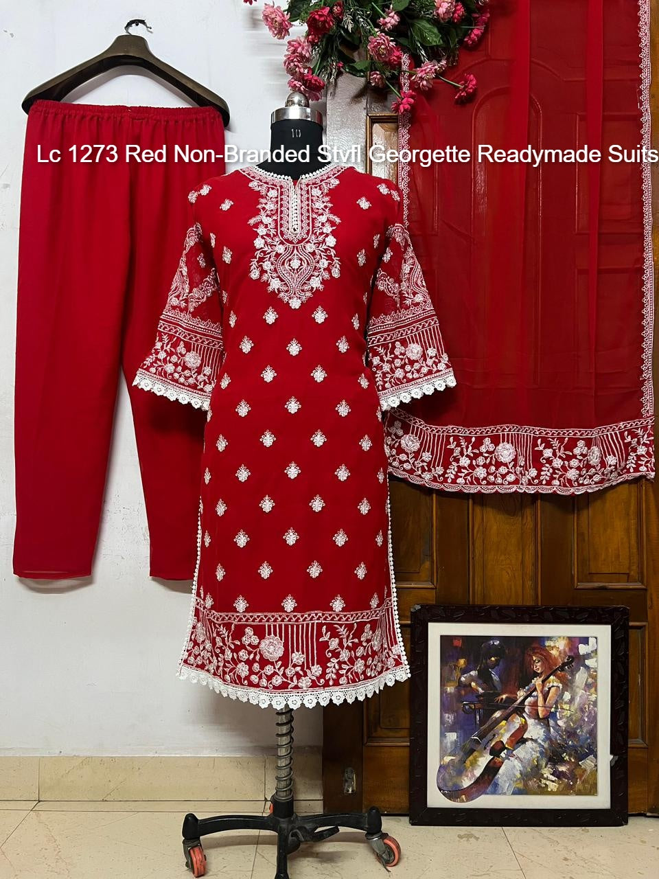 Lc 1273 Red Non-Branded Stvfl Georgette Readymade Suits