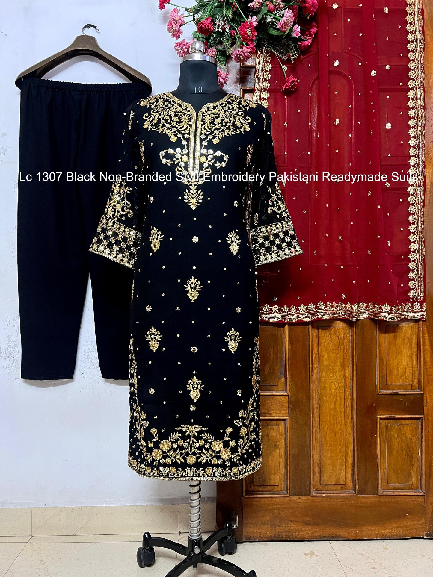 Lc 1307 Black Non-Branded Stvfl Embroidery Pakistani Readymade Suits