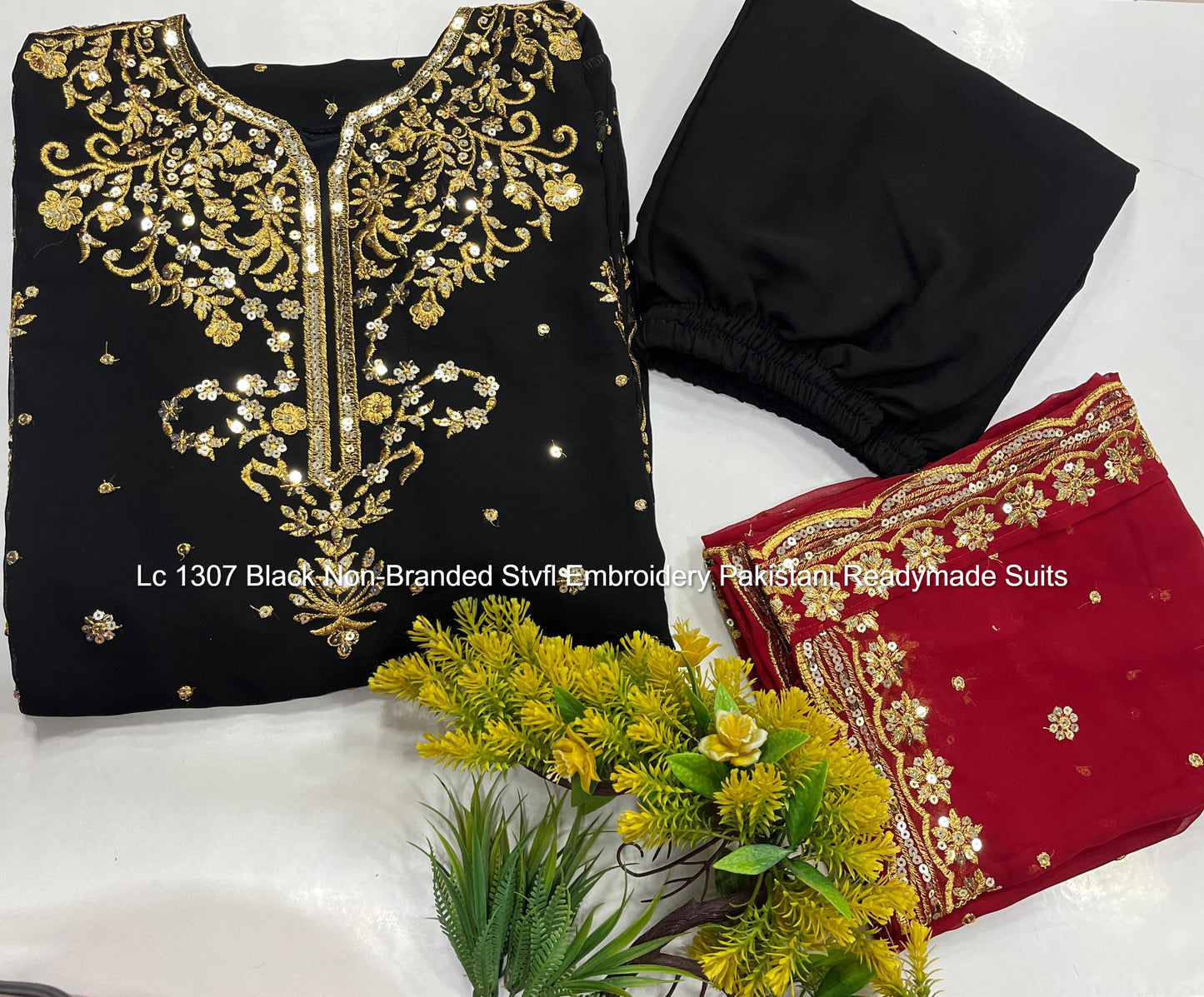 Lc 1307 Black Non-Branded Stvfl Embroidery Pakistani Readymade Suits