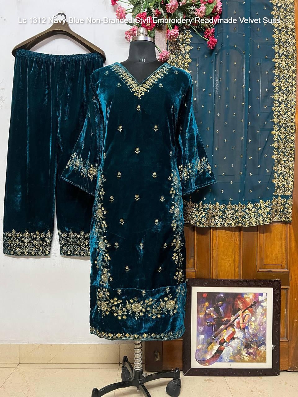 Lc 1312 Navy Blue Non-Branded Stvfl Embroidery Readymade Velvet Suits