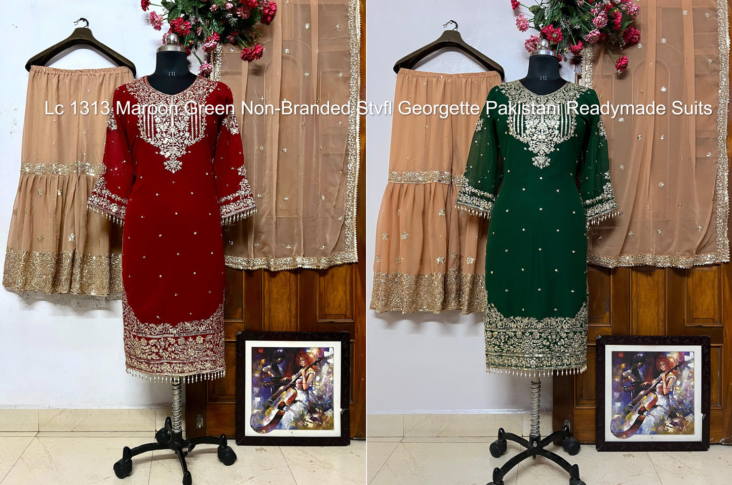 Lc 1313 Maroon Green Non-Branded Stvfl Georgette Pakistani Readymade Suits