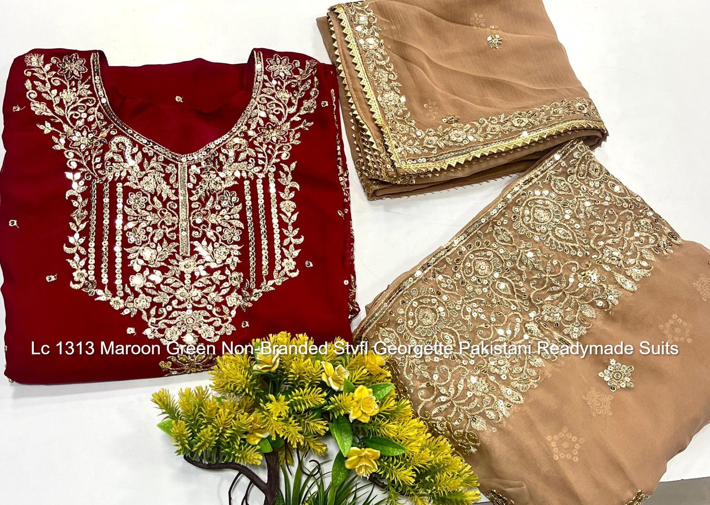Lc 1313 Maroon Green Non-Branded Stvfl Georgette Pakistani Readymade Suits