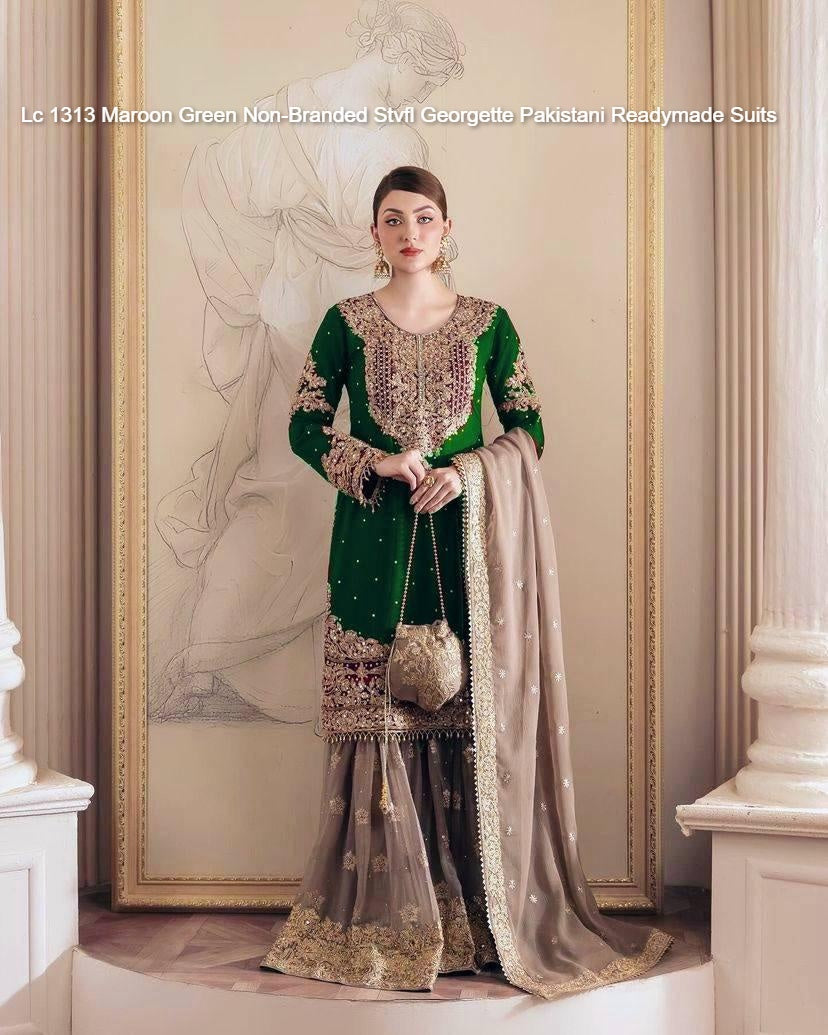 Lc 1313 Maroon Green Non-Branded Stvfl Georgette Pakistani Readymade Suits