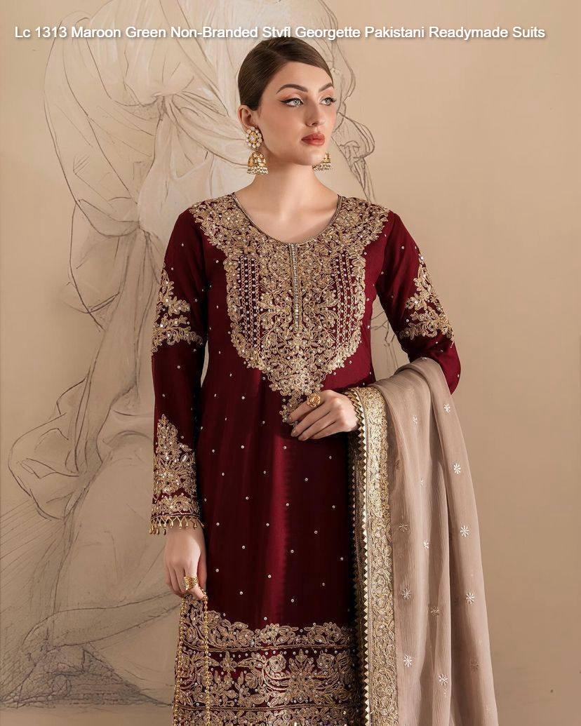 Lc 1313 Maroon Green Non-Branded Stvfl Georgette Pakistani Readymade Suits
