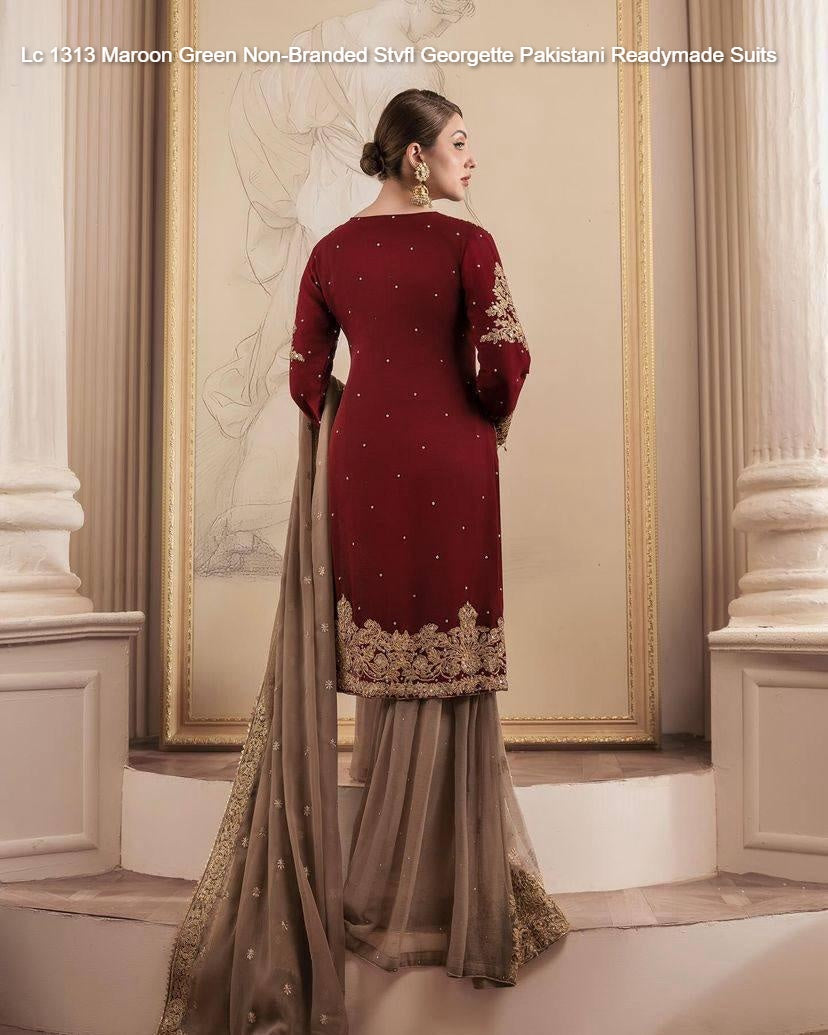 Lc 1313 Maroon Green Non-Branded Stvfl Georgette Pakistani Readymade Suits