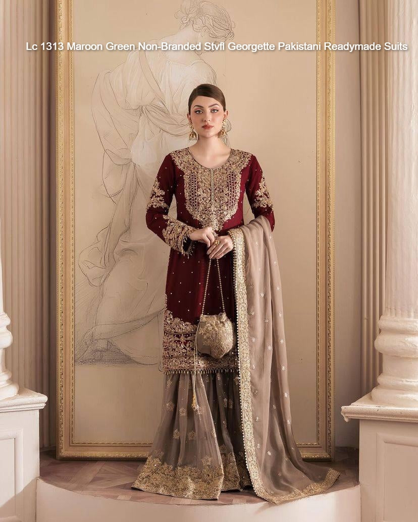 Lc 1313 Maroon Green Non-Branded Stvfl Georgette Pakistani Readymade Suits
