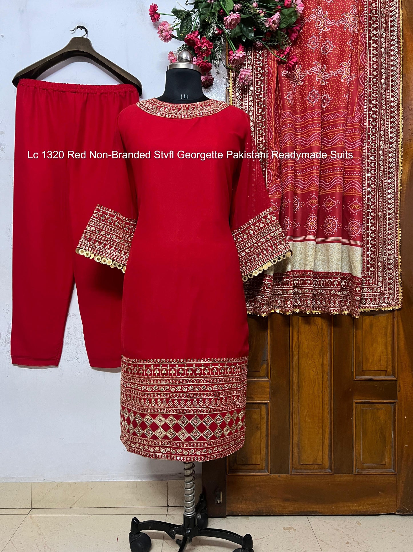 Lc 1320 Red Non-Branded Stvfl Georgette Pakistani Readymade Suits