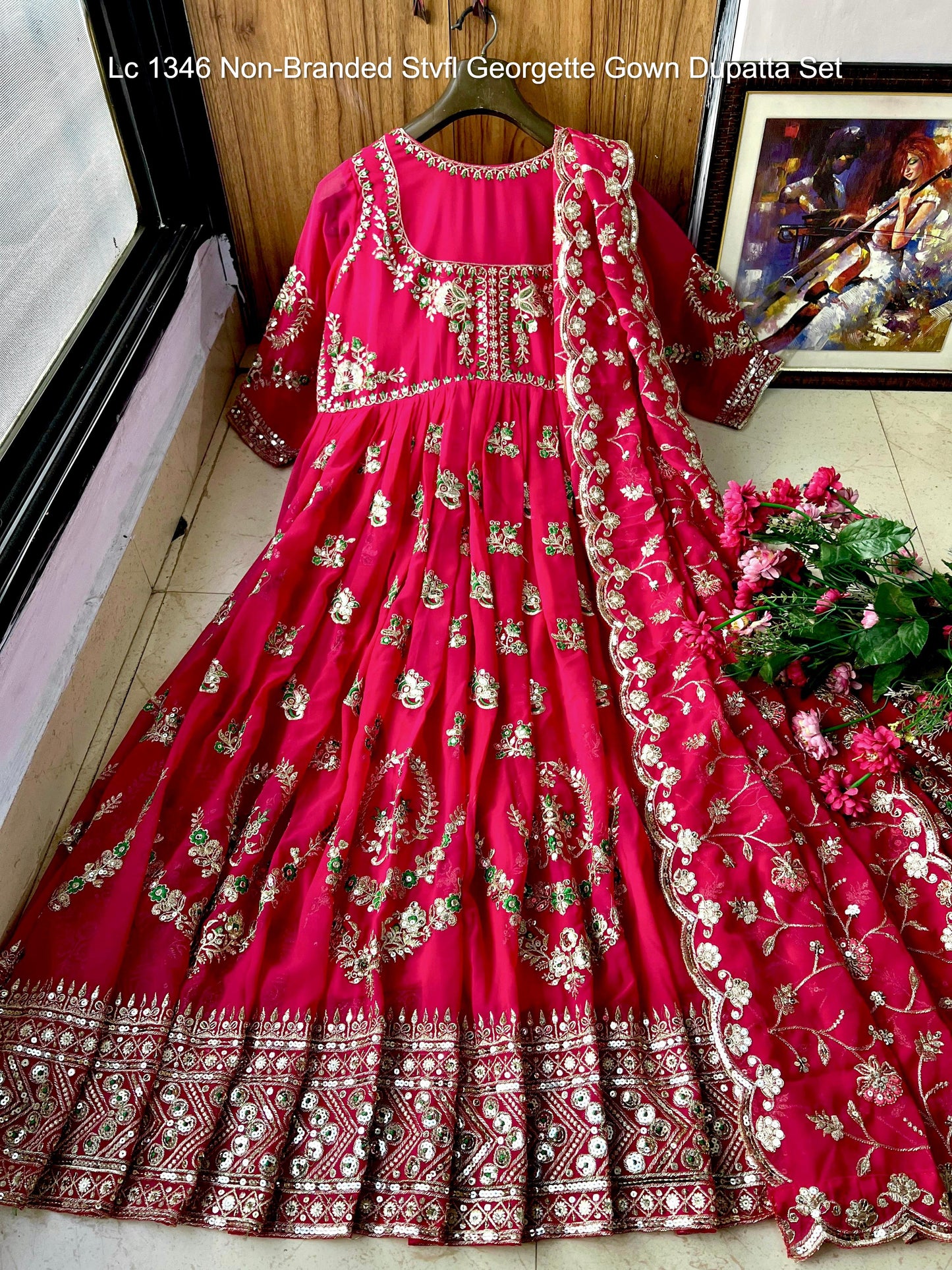 Lc 1346 Non-Branded Stvfl Georgette Gown Dupatta Set