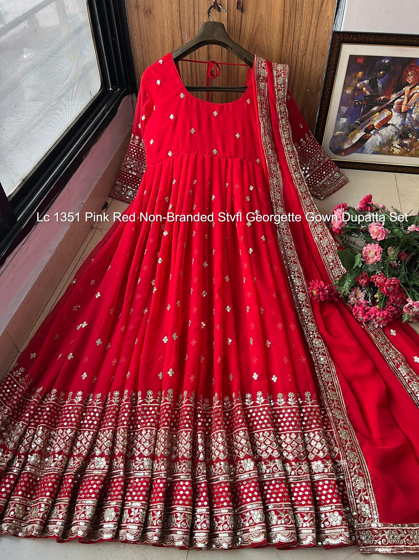 Lc 1351 Pink Red Non-Branded Stvfl Georgette Gown Dupatta Set