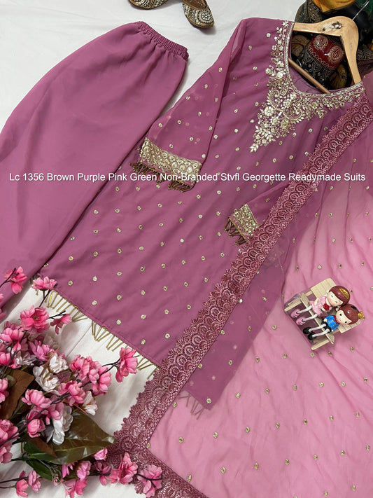 Lc 1356 Brown Purple Pink Green Non-Branded Stvfl Georgette Readymade Suits