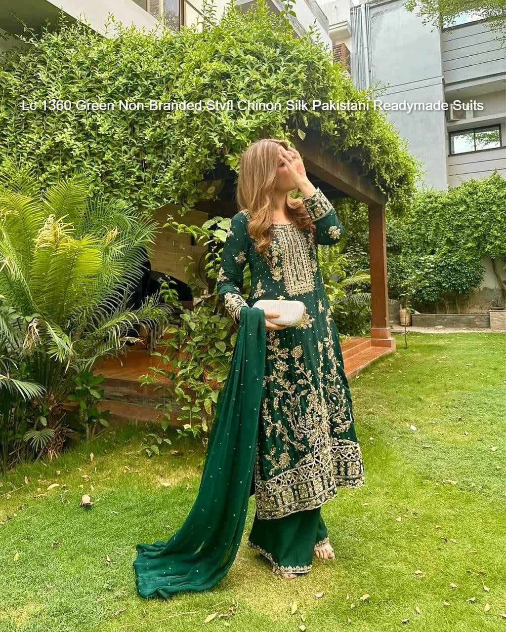 Lc 1360 Green Non-Branded Stvfl Chinon Silk Pakistani Readymade Suits