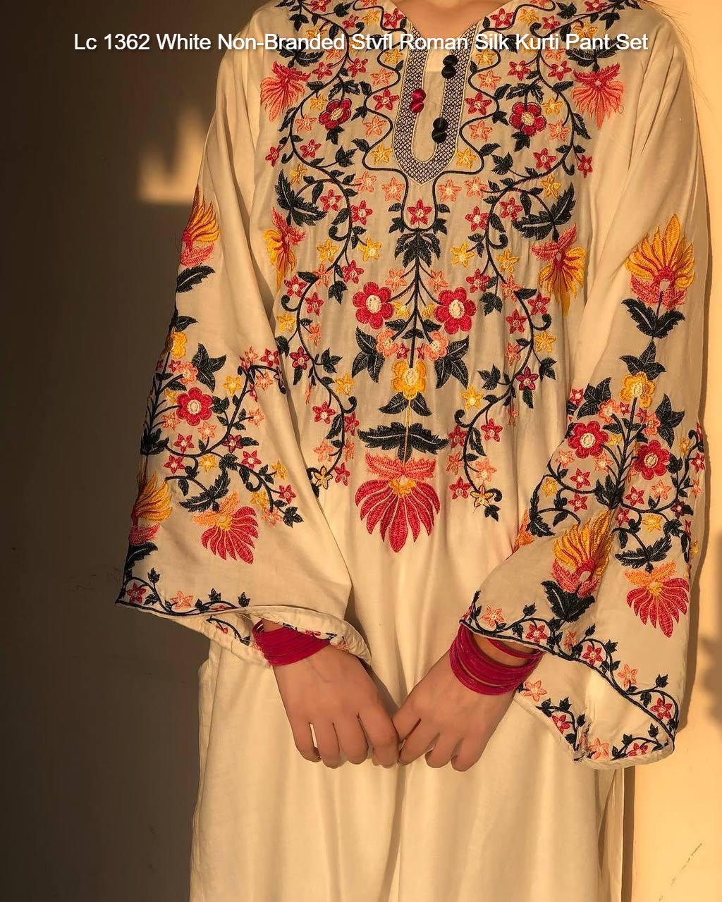 Lc 1362 White Non-Branded Stvfl Roman Silk Kurti Pant Set