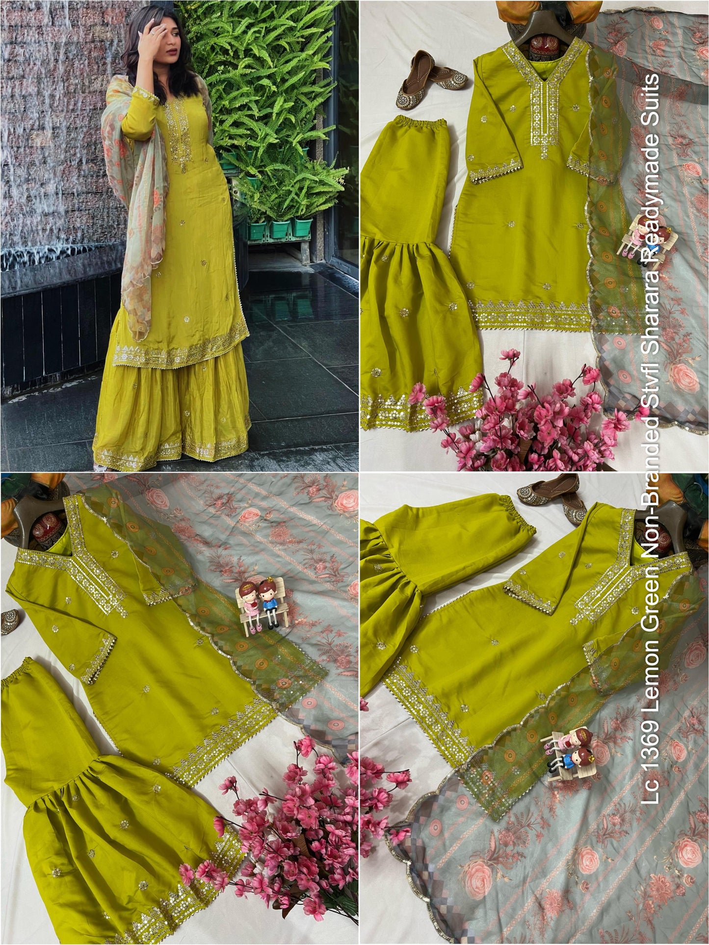 Lc 1369 Lemon Green Non-Branded Stvfl Sharara Readymade Suits