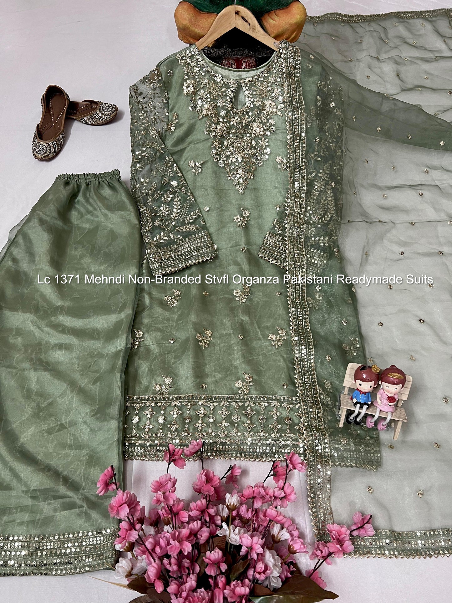 Lc 1371 Mehndi Non-Branded Stvfl Organza Pakistani Readymade Suits