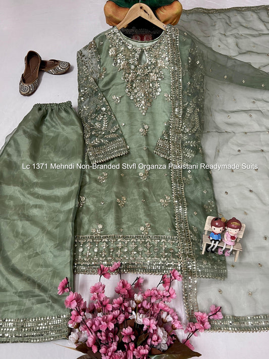Lc 1371 Mehndi Non-Branded Stvfl Organza Pakistani Readymade Suits