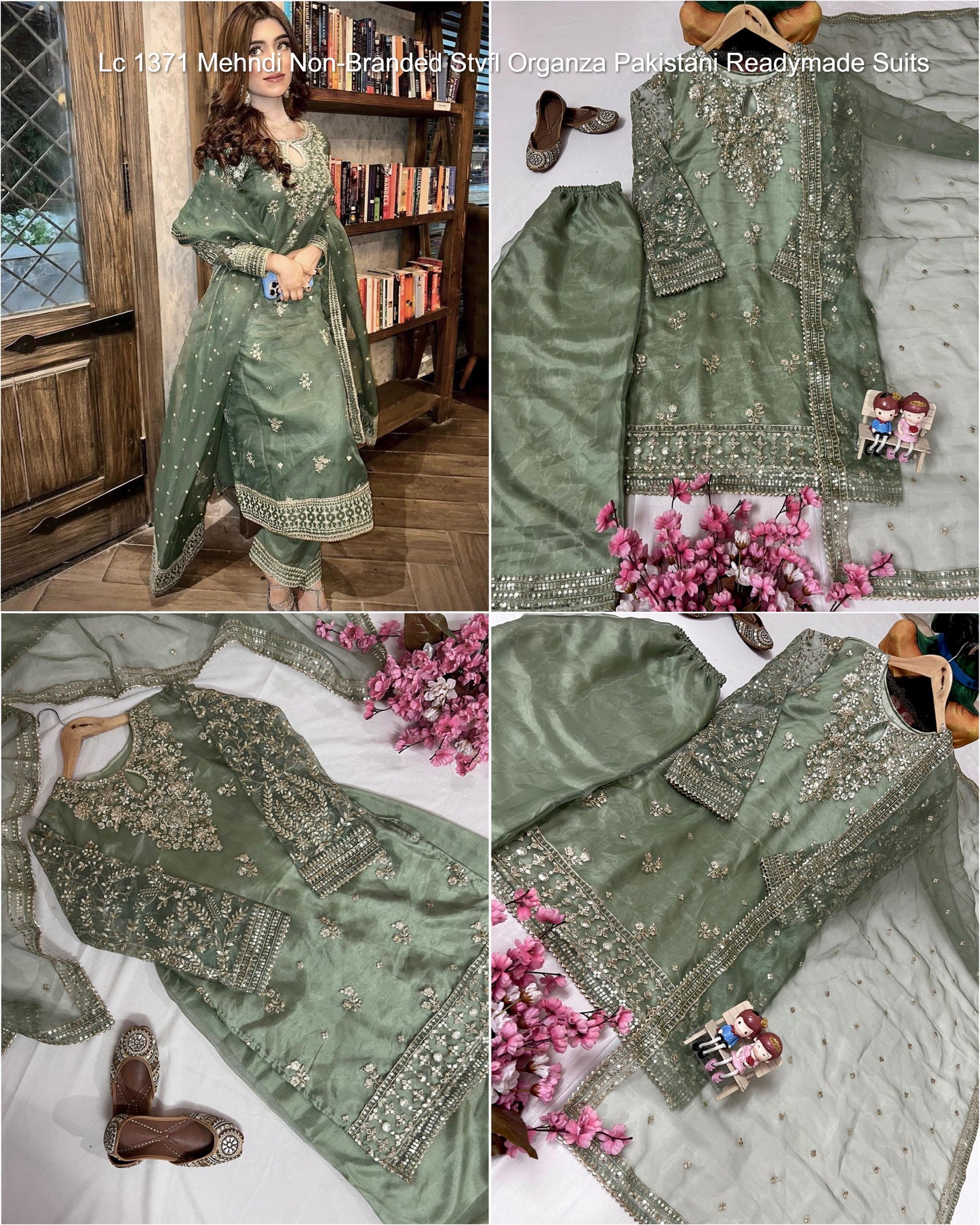 Lc 1371 Mehndi Non-Branded Stvfl Organza Pakistani Readymade Suits