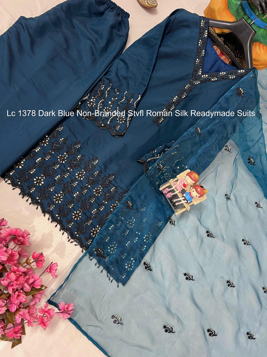 Lc 1378 Dark Blue Non-Branded Stvfl Roman Silk Readymade Suits