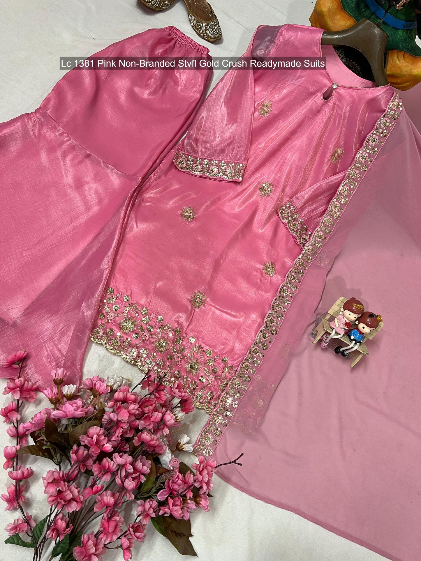 Lc 1381 Pink Non-Branded Stvfl Gold Crush Readymade Suits