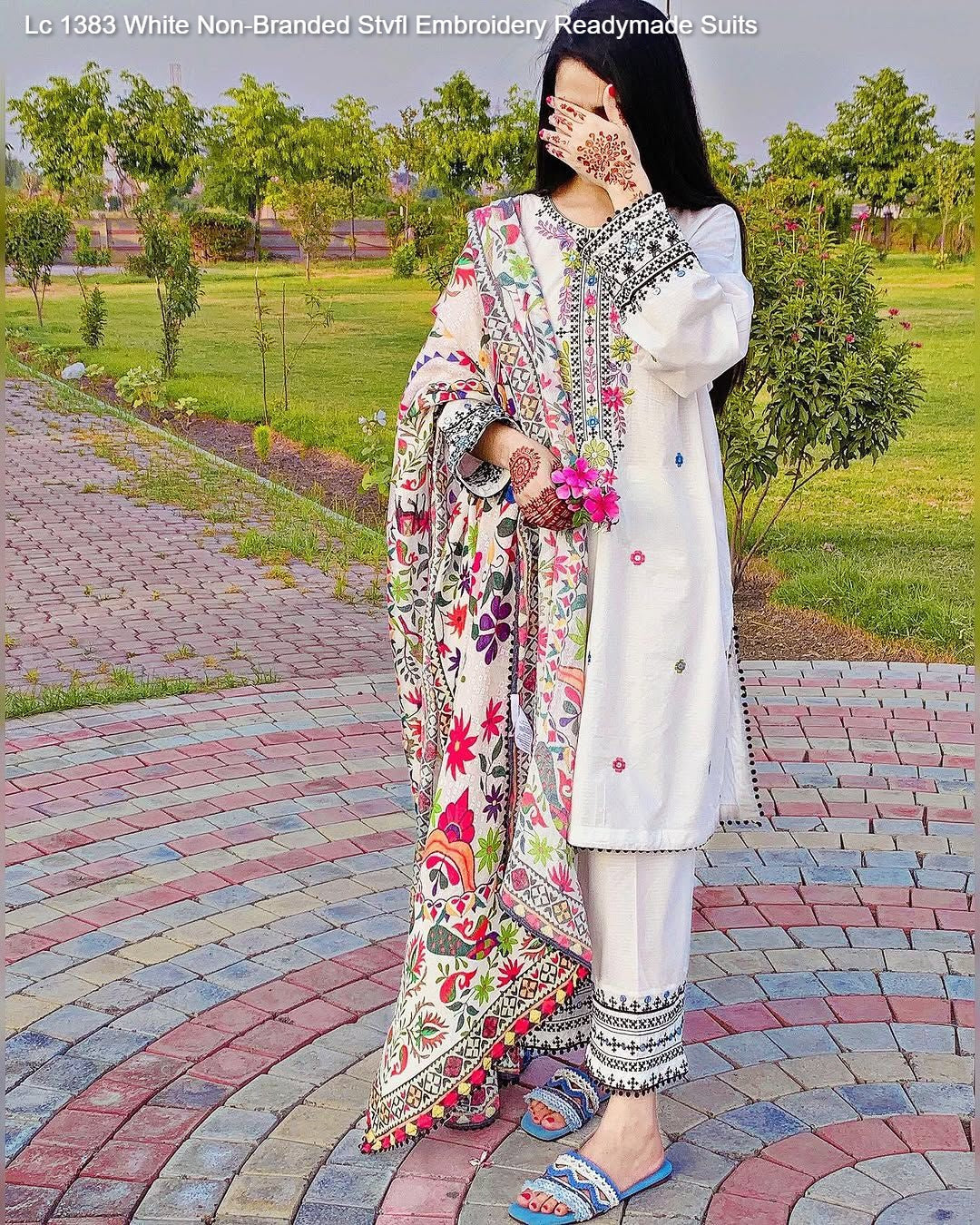 Lc 1383 White Non-Branded Stvfl Embroidery Readymade Suits