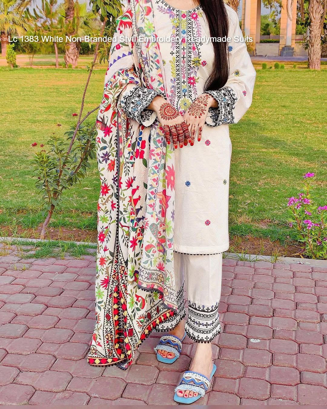 Lc 1383 White Non-Branded Stvfl Embroidery Readymade Suits