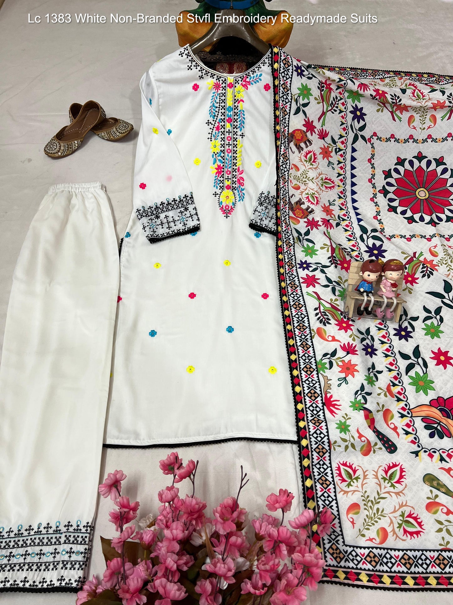 Lc 1383 White Non-Branded Stvfl Embroidery Readymade Suits