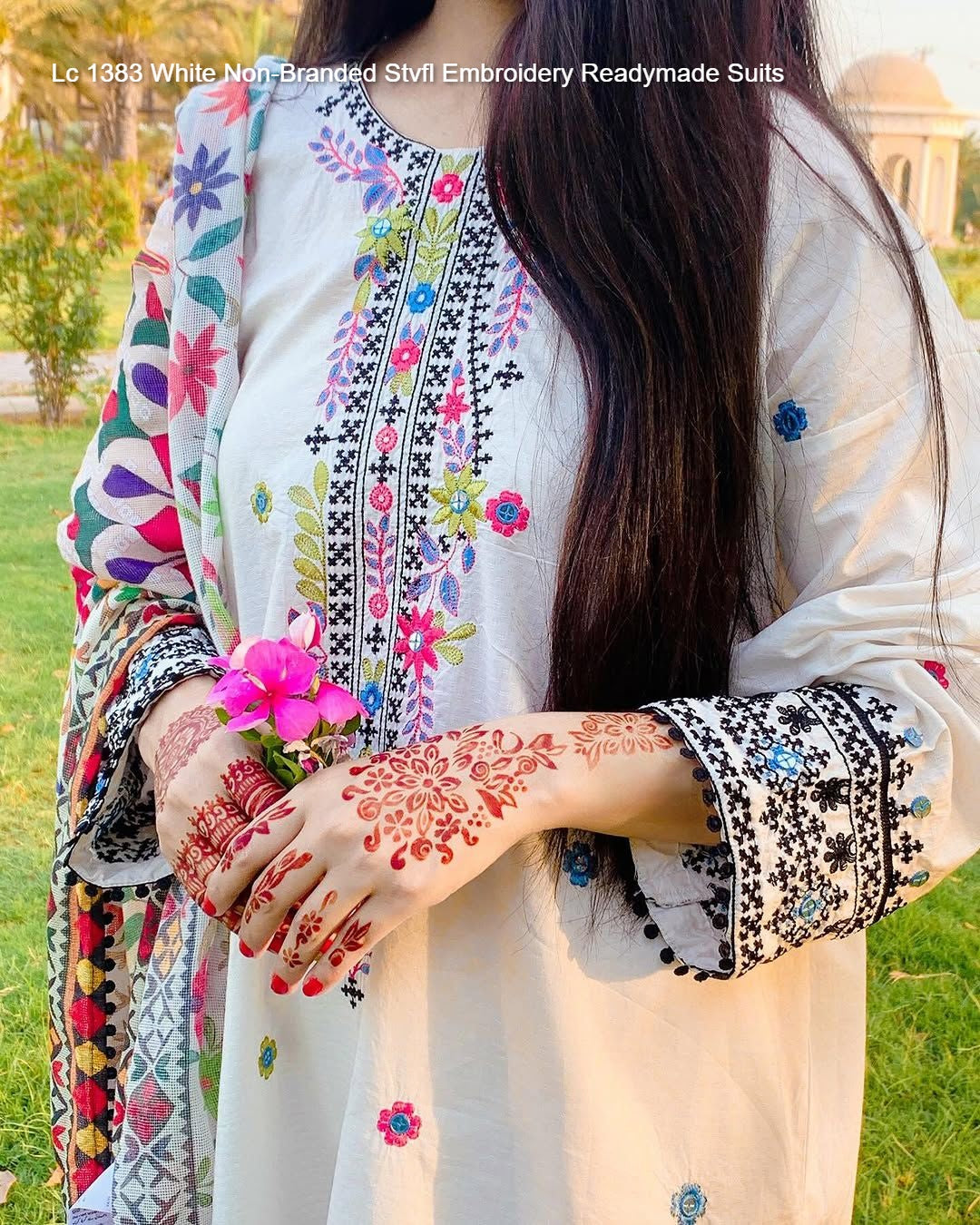 Lc 1383 White Non-Branded Stvfl Embroidery Readymade Suits