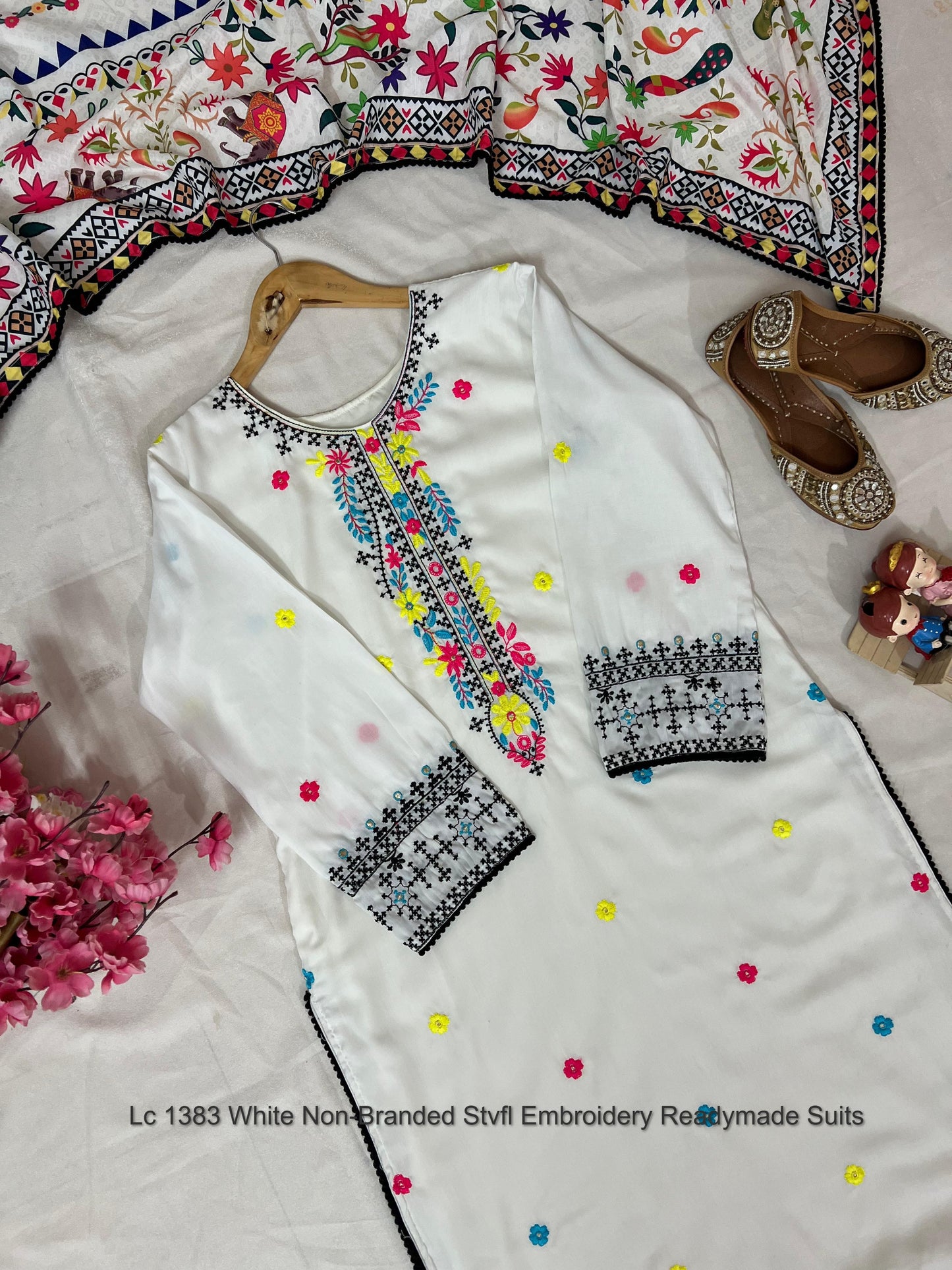 Lc 1383 White Non-Branded Stvfl Embroidery Readymade Suits