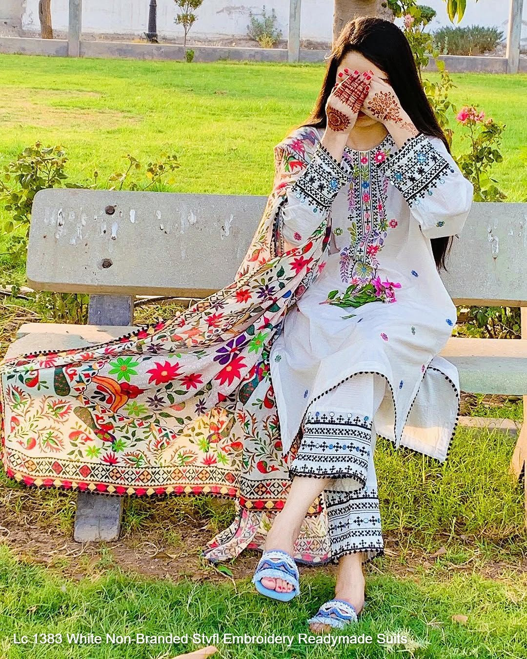 Lc 1383 White Non-Branded Stvfl Embroidery Readymade Suits