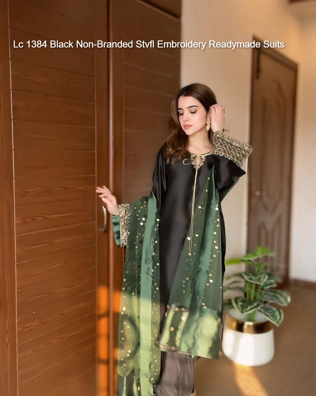 Lc 1384 Black Non-Branded Stvfl Embroidery Readymade Suits