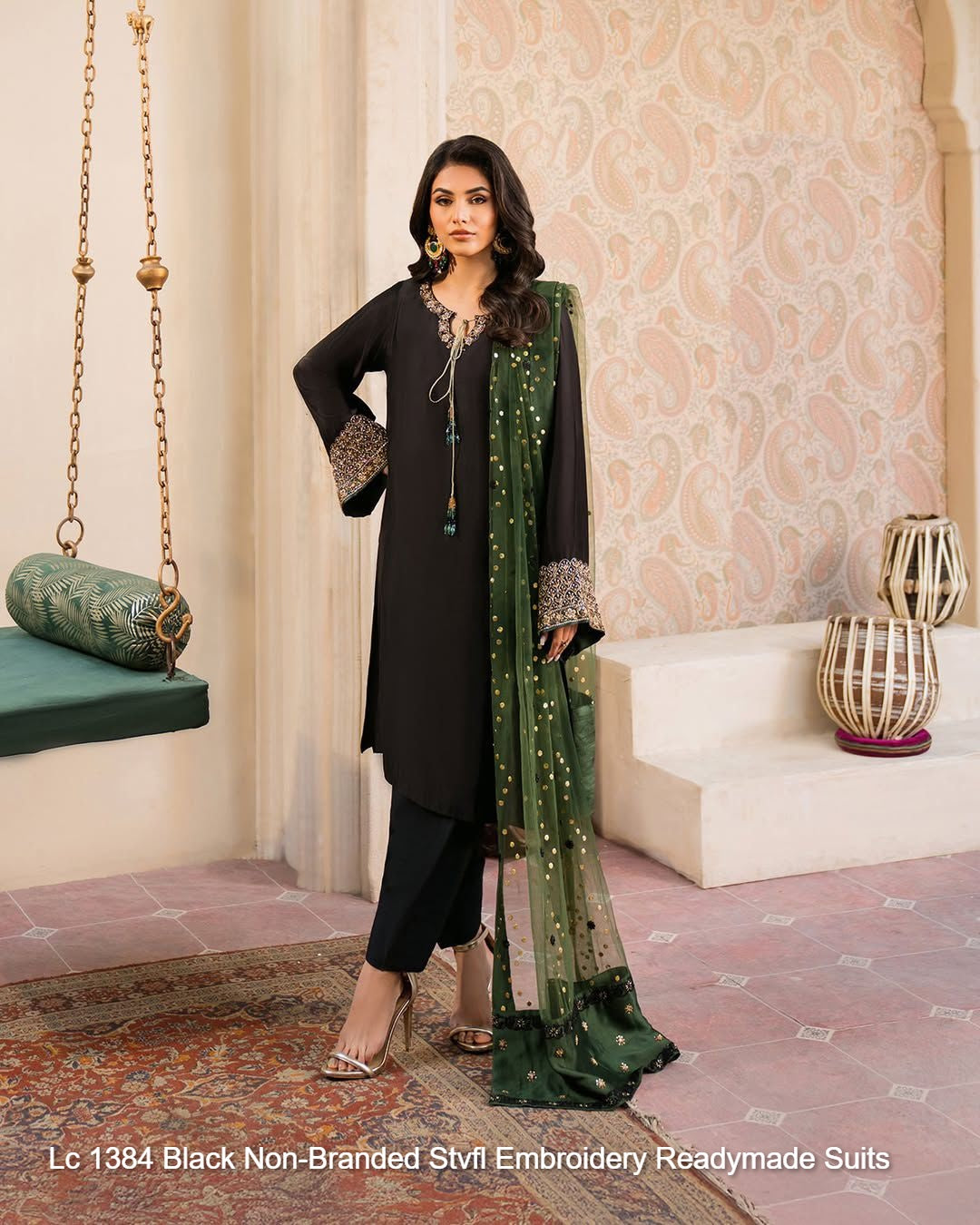 Lc 1384 Black Non-Branded Stvfl Embroidery Readymade Suits