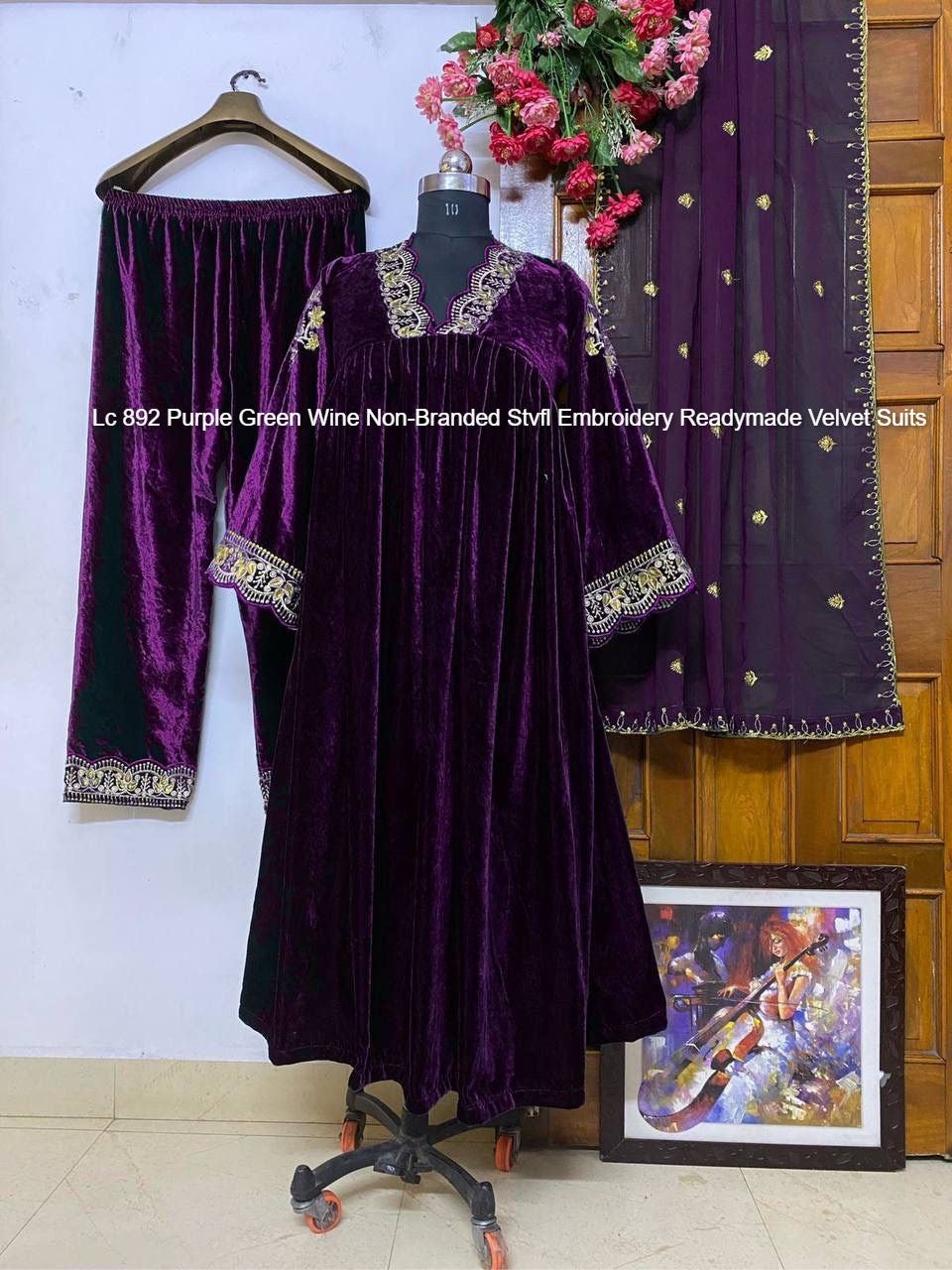 Lc 892 Purple Green Wine Non-Branded Stvfl Embroidery Readymade Velvet Suits
