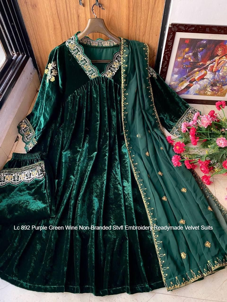 Lc 892 Purple Green Wine Non-Branded Stvfl Embroidery Readymade Velvet Suits