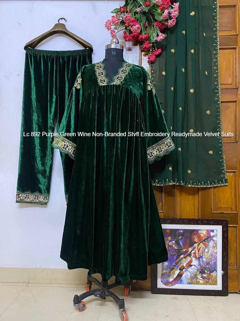 Lc 892 Purple Green Wine Non-Branded Stvfl Embroidery Readymade Velvet Suits