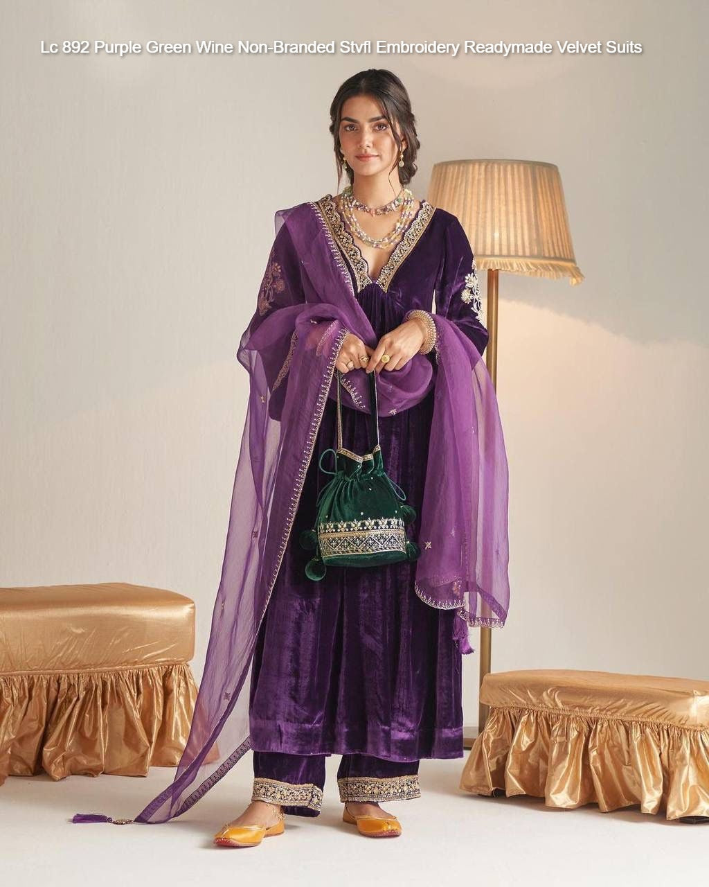 Lc 892 Purple Green Wine Non-Branded Stvfl Embroidery Readymade Velvet Suits