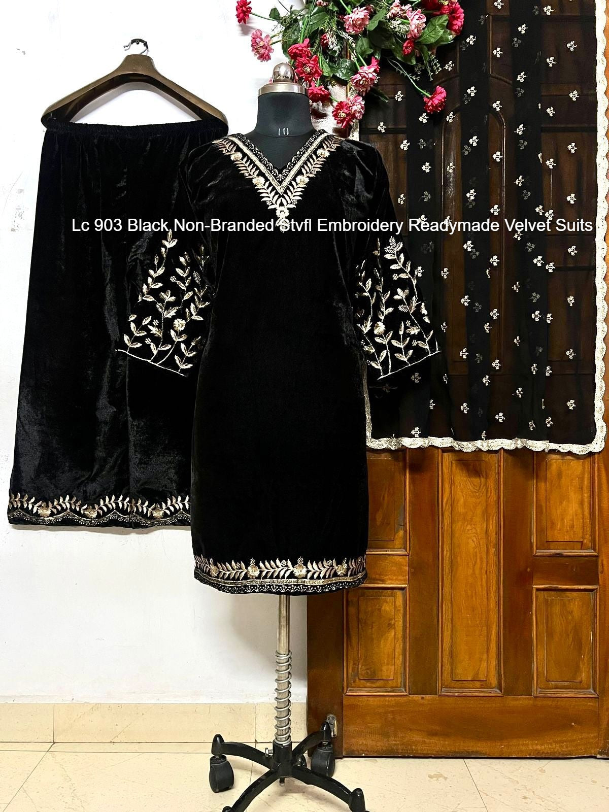 Lc 903 Black Non-Branded Stvfl Embroidery Readymade Velvet Suits