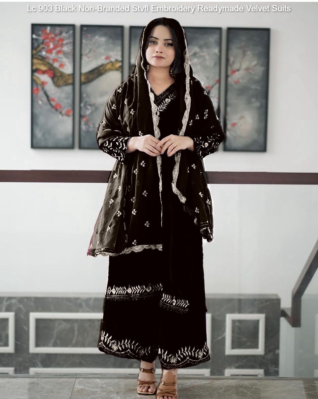 Lc 903 Black Non-Branded Stvfl Embroidery Readymade Velvet Suits